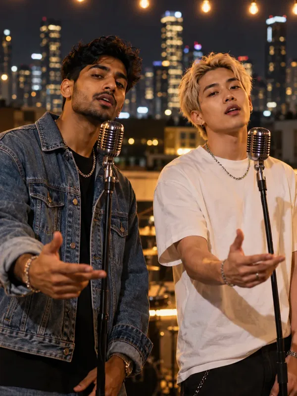 Rooftop Night stage for an AI rap video