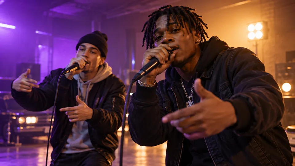 Two friends rapping into hanging microphones in an orange AI rap video